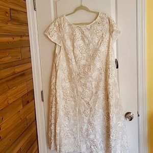 White lace and gold sequin dress